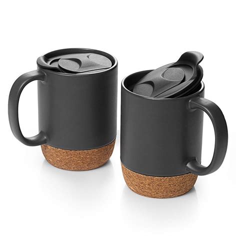 15 Oz Coffee Mug Sets 2 Large Ceramic Mugs With Insulated Cork And Splash Lid Ebay