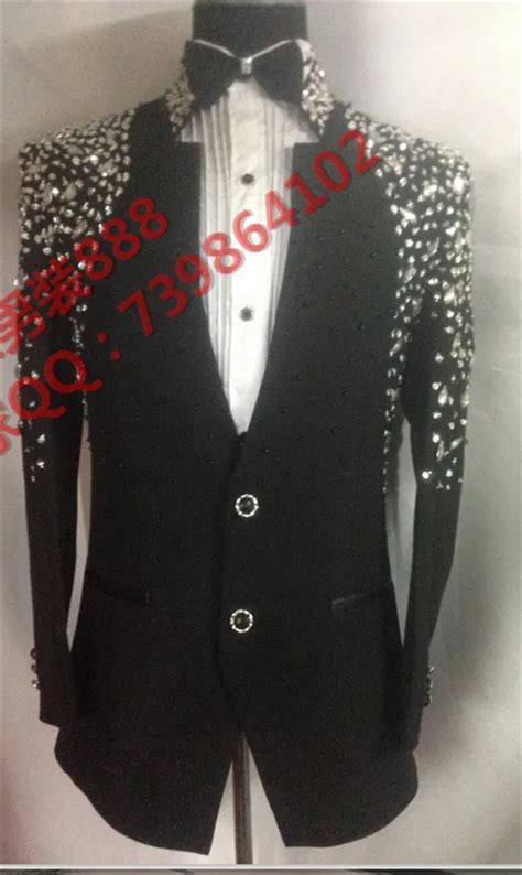 2016 Plus Size Mens Fashion Suit Male Black Slim Rhinestone Formal Dress Stage Show Suit For