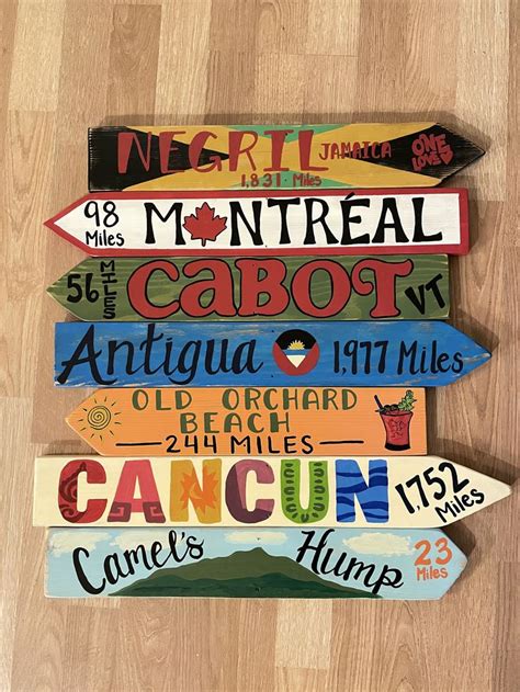 5 Custom Directional Mileage Signs Destination Sign Travel Marker Hand Painted Wooden Arrow