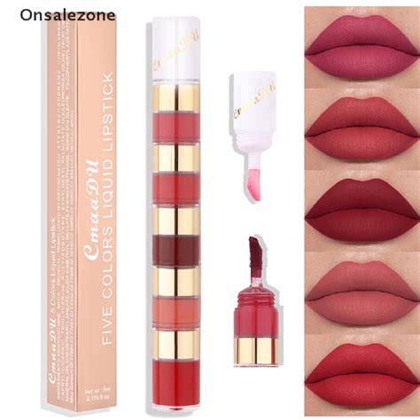 5 In 1 Matte Lipstick Kit Combo Strip Velvet Sexy Red Lip Tint Non