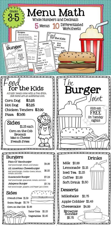 5 Restaurant Menus And 10 Differentiated Worksheets Included These