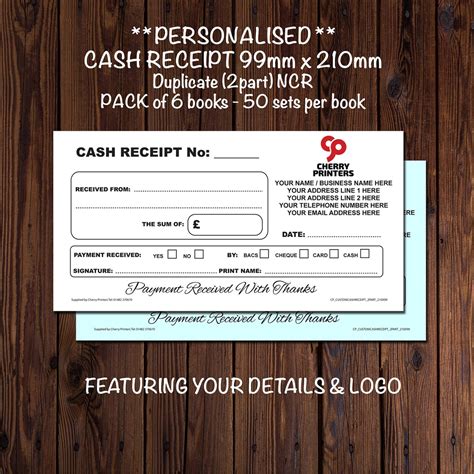 6 Pack Custom Personalised Cash Receipt Book Dl 99Mm X 210Mm 2 Part