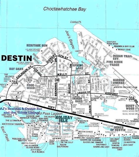 A Map Of The City Of Destin New York With Its Major Roads And Streets