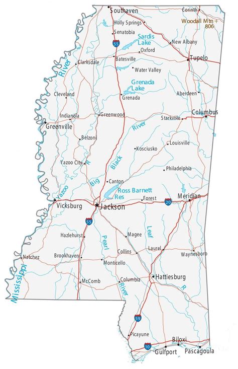 A Map Of The State Of Mississippi With Major Cities And Roads On It S