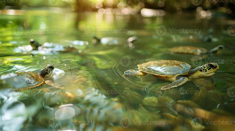 A River Filled With Swimming Sea Turtles Making Their Way Towards Their