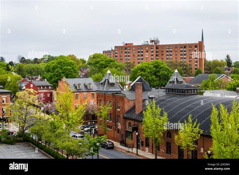 Aerial Of Historic Downtown Lancaster Pennsylvania With Blooming Trees