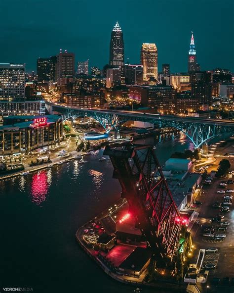 Aerial Skyline View Of Downtown Cleveland From Above The Flats