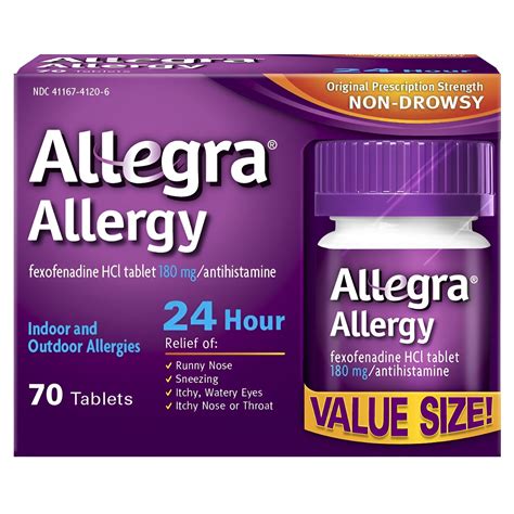 Allegra Adult 24Hr Tablet 70 Ct 180 Mg Allergy Relief Walmart Com