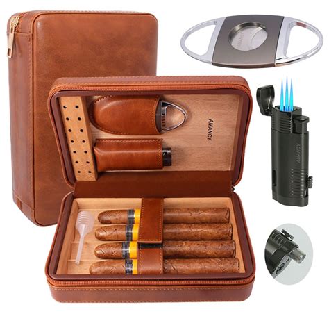 Amancy Elegant Cedar Wood Lined Portable Travel Leather Cigar Humidor