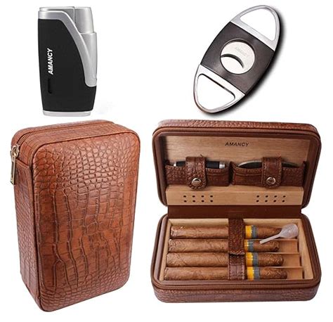 Amancy Premium Brown Leather Cigar Travel Case Humidor W Cutter Lighter