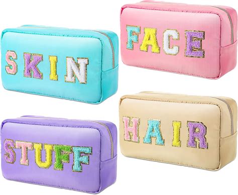 Amazon Com Remerry 4 Pcs Nylon Cosmetic Bag Chenille Letter Cosmetic Pouch Zipper Preppy