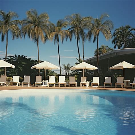 An Outdoor Swimming Pool With Lounge Chairs And Palm Trees In The