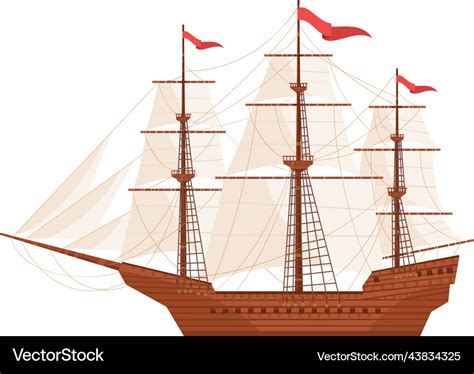 Ancient Sailing Ship Wooden Deck Caravel Color Vector Image