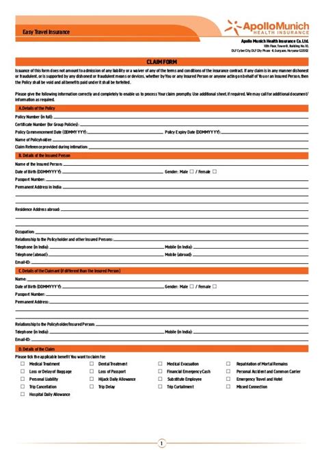 Apollo Munich Easy Travel Insurance Claim Form