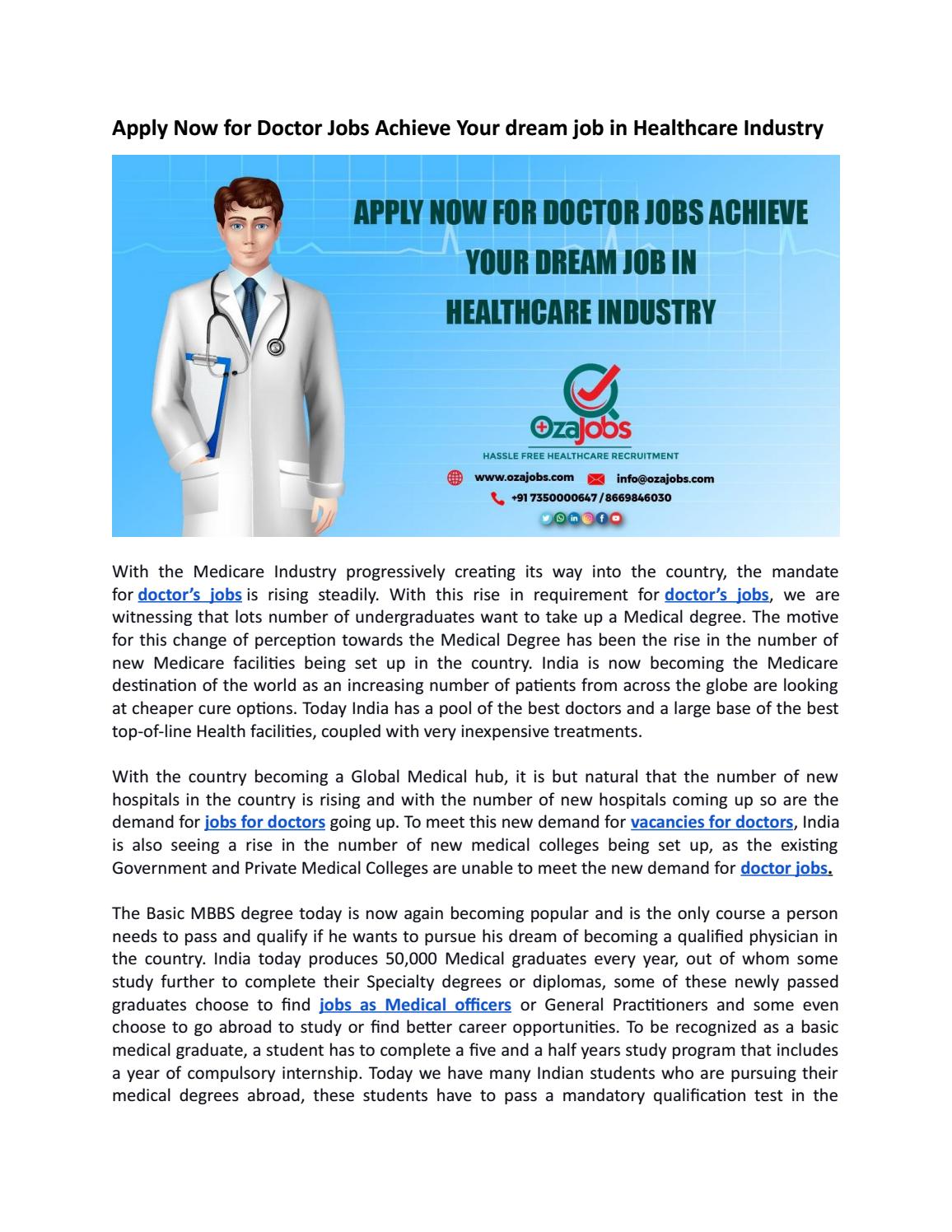 Apply Now For Doctor Jobs Achieve Your Dream Job In Healthcare Industry