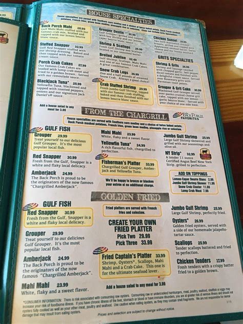 5 Ways Back Porch Destin Menu