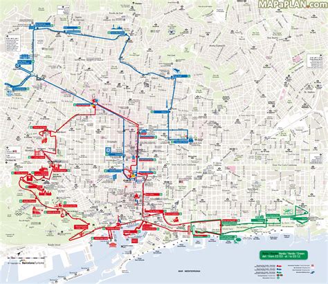 Barcelona Map City Sightseeing Hop On Hop Off Bus Tour Red Blue Green Turistic Routes