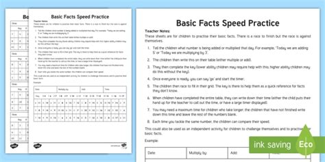 Basic Maths Facts Speed Test Mathematics Primary