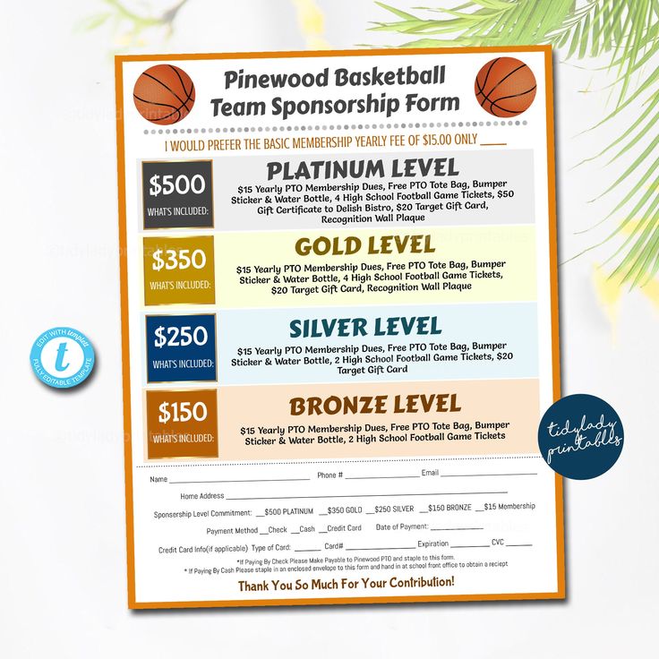 Basketball Sponsorship Form Sponsership Membership Donation Signup Printable Handout Team