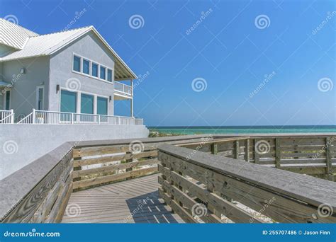 Beach House View From A Boardwalk On A Beach At Destin Florida Stock