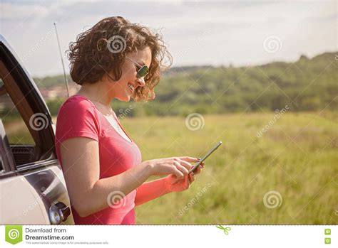 Beautiful Girl Traveling By Car Stock Photo Image Of Beautiful