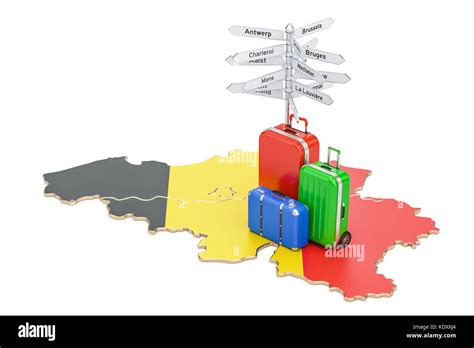 Belgium Travel Concept Belgian Map With Suitcases And Signpost 3D