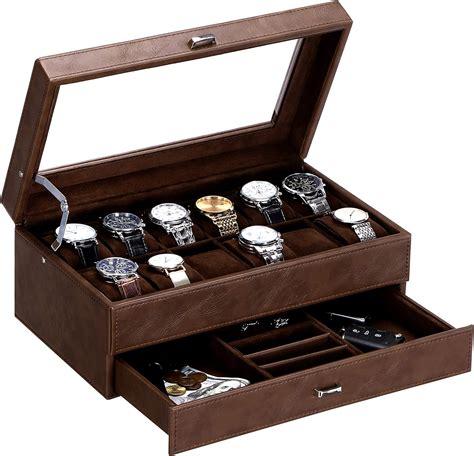 Bewishome Watch Box For Men Luxury Watch Organizer Faux Leather Watch Case With Jewelry Drawer