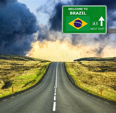 Brazil Road Sign Against Clear Blue Sky Stock Image Image Of Greeting