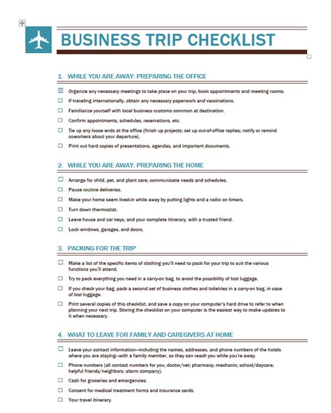 Business Trip Checklist Free Word Templates