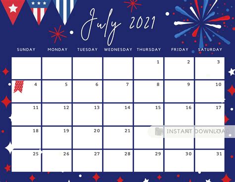 Calendar July 4Th Fireworks