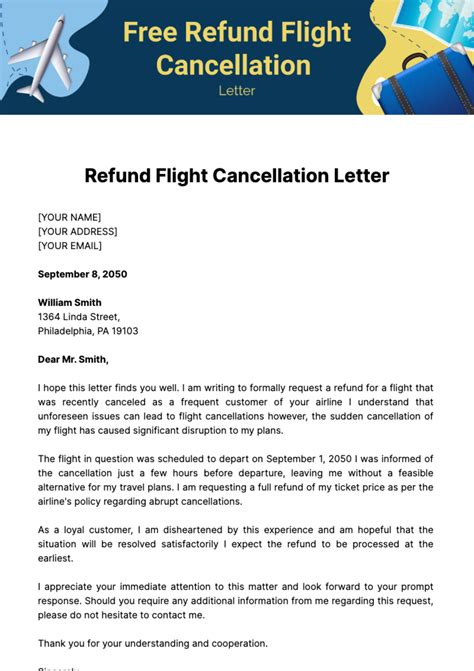 Canceled Flight Refund Request Letter Template