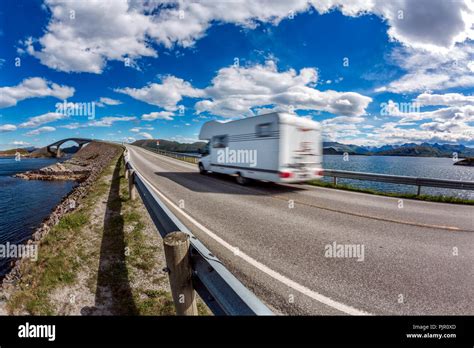 Caravan Car Rv Travels On The Highway Atlantic Ocean Road Norway Stock