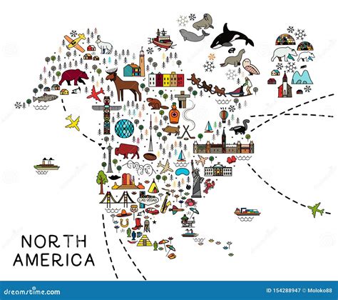 Cartoon Map Of North America North America Travel Guide Stock Vector