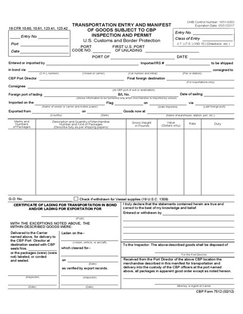 Cbp Form 7512A Transportation Entry And Manifest Of Goods Free Download