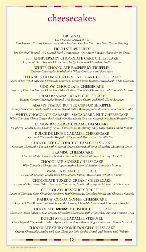 Cheesecake Factory Cheesecake Menu