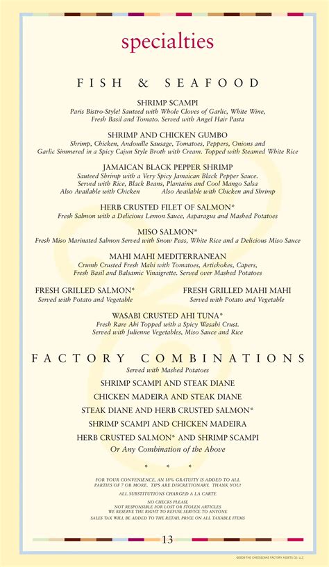 Cheesecake Factory Printable Menu With Prices