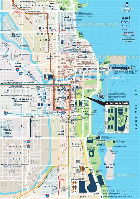 Chicago Jpg Map Street Amp Road Names Plan With Central Most Popular Points Of Interest