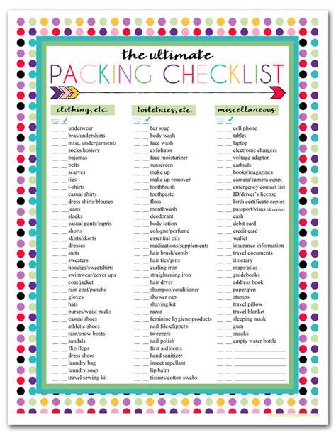 Colorful Printable Packing Travel List Template Checklist Planner