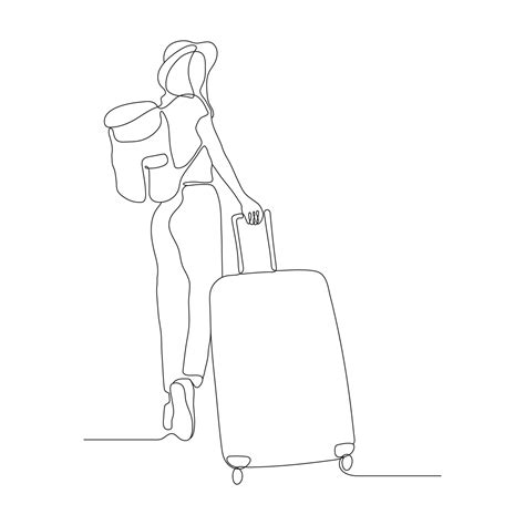 Continuous Line Art Or One Line Drawing Of A Travel Girl With A Suitcase Drawing By Hand