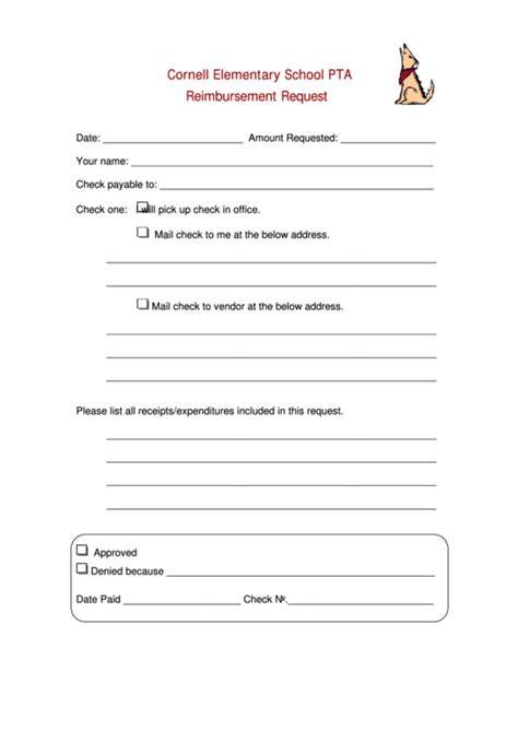 Cornell Elementary School Pta Reimbursement Request Form Printable Pdf Download