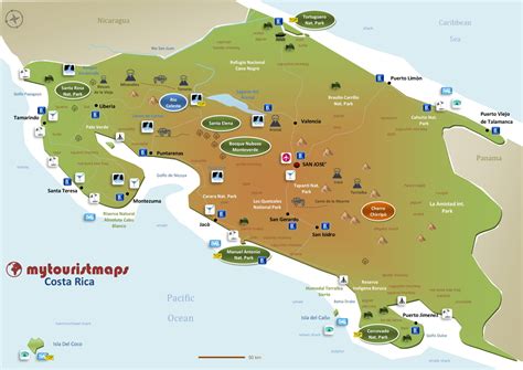 Costa Rica Map With Top Tourist Map Of Atlantic Ocean Area