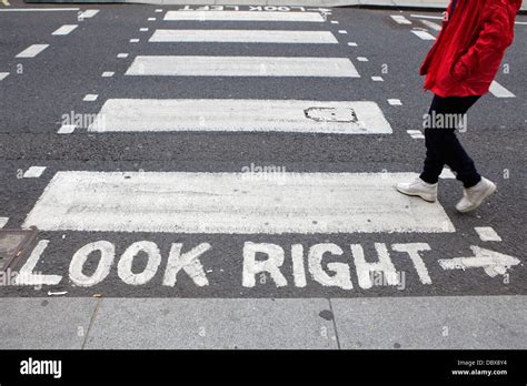 Crosswalks With Look Right Warning London Uk Stock Photo Alamy