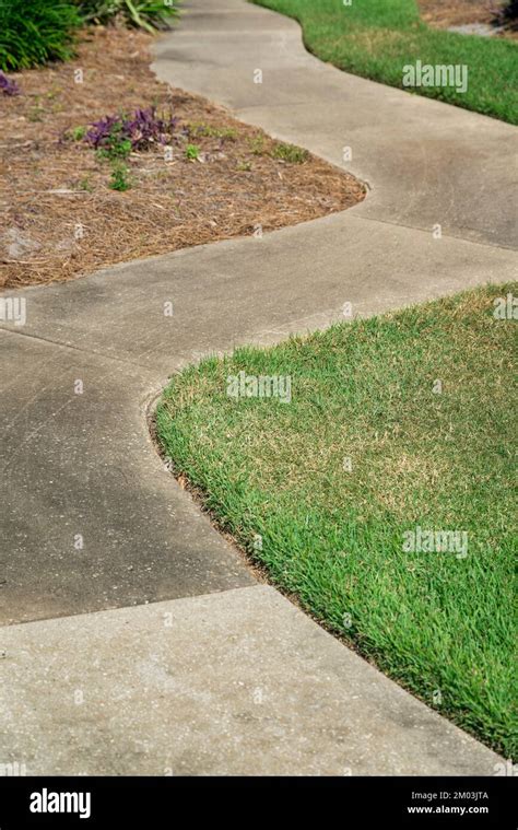 Curved Concrete Pavement Near The Grass Destin Florida View Of A Narrow Concrete Walkway From