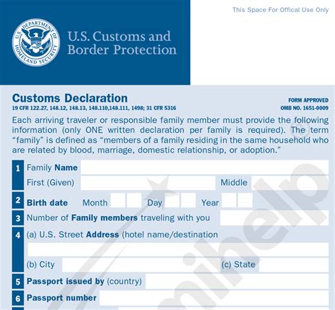 US Customs Form for Travel Entry