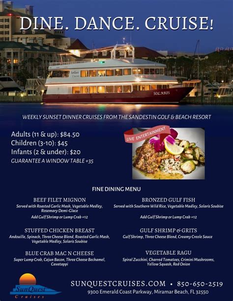 Destin Dinner Cruise Menu 2021 Sunquest Cruises Waterfront Dining