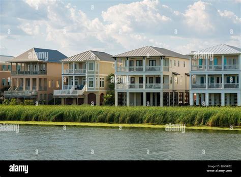 Destin Florida Row Of Three Storey Houses With View Decks And Lake Waterfront Stock Image