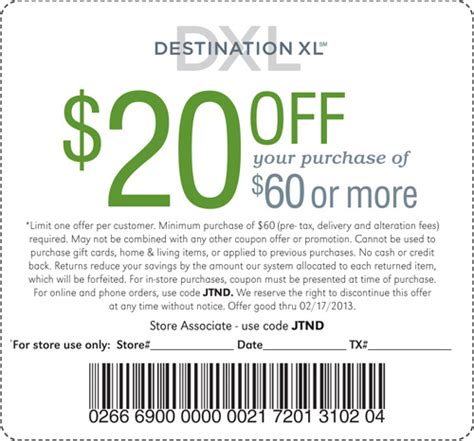 Destination Xl 20 Off 60 Printable Coupon