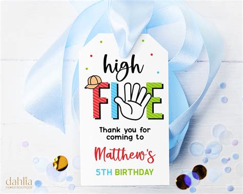 Editable High Five Birthday Thank You For Coming Gift Tag Printable Hi 5 Party Favor Blue Boy