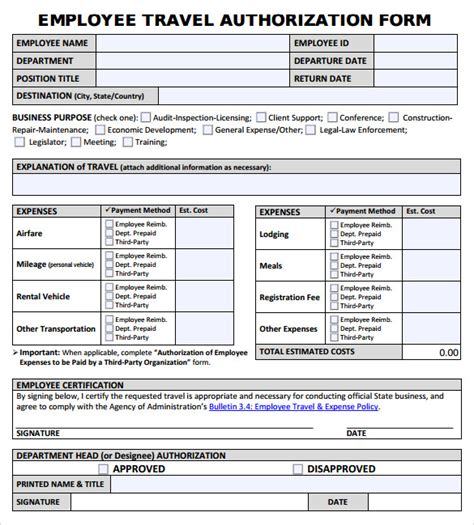 Employee Travel Authorization Form Sample Templates Sample Templates