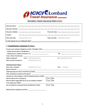 Fillable Online Domestic Travel Insurance Claim Form Icici Lombard